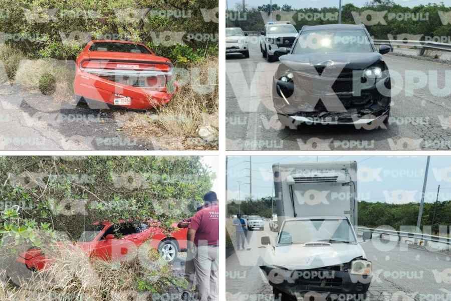 Auto deportivo termina fuera del camino tras choque múltiple en Altamira, Tamaulipas