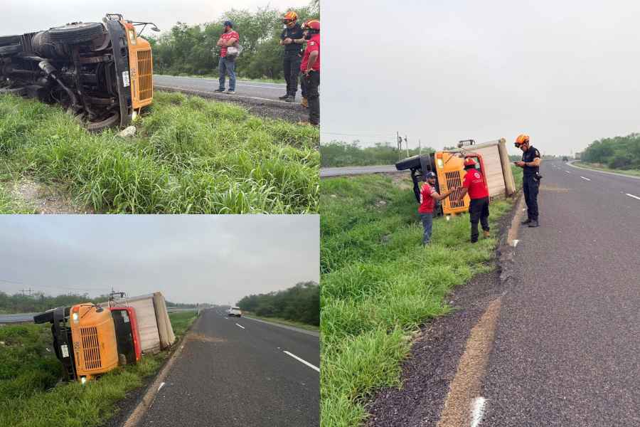 Camión cargado con soya sufre volcadura en la Carretera Nacional en Montemorelos, NL