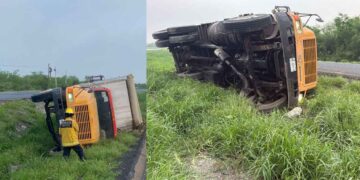 Camión cargado con soya sufre volcadura en la Carretera Nacional en Montemorelos, NL