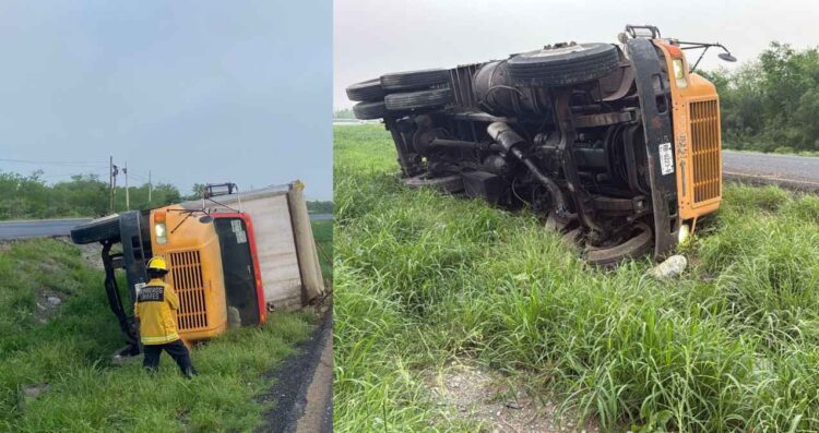 Camión cargado con soya sufre volcadura en la Carretera Nacional en Montemorelos, NL