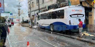 Camión se sube a la banqueta y derriba marquesina en Tampico, Tamaulipas