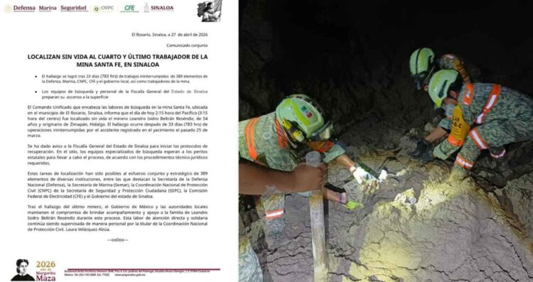 Concluyen las labores de rescate en la mina Santa Fe en El Rosario, Sinaloa, tras localizar sin vida al cuarto minero