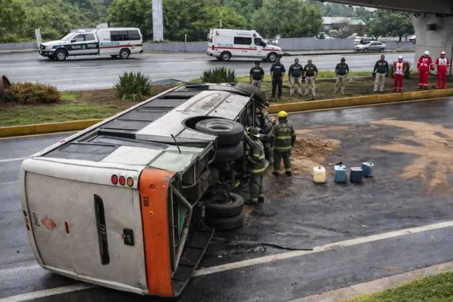 Pavimento mojado provoca volcadura de autobús en Xalapa, Veracruz