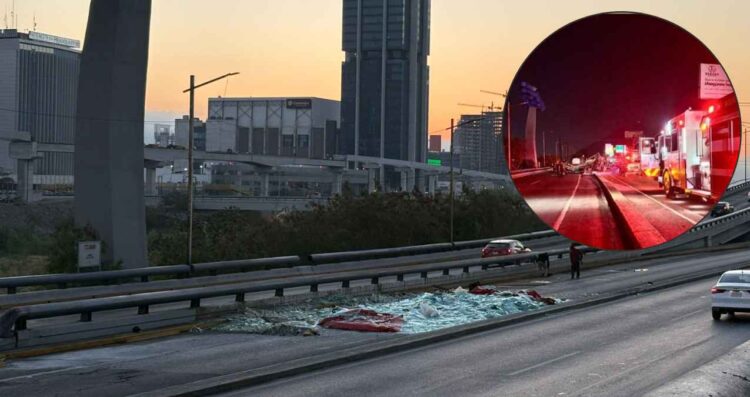Tráiler cargado con vidrio templado vuelca en avenida de Monterrey, NL
