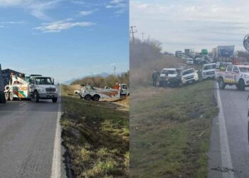 Tráiler vuelca en Montemorelos, Nuevo León, y paraliza la circulación en la Carretera Nacional