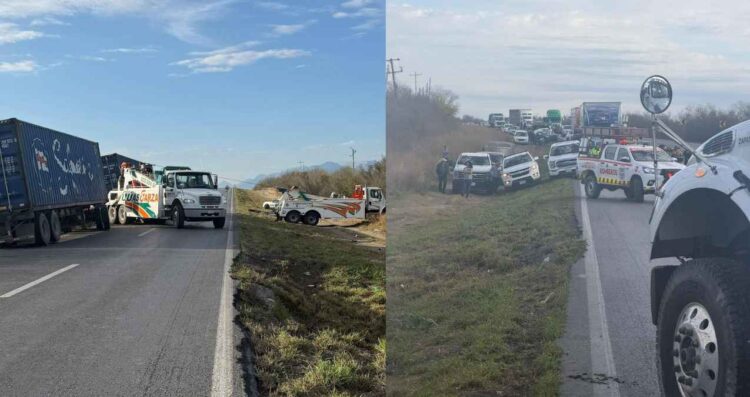 Tráiler vuelca en Montemorelos, Nuevo León, y paraliza la circulación en la Carretera Nacional
