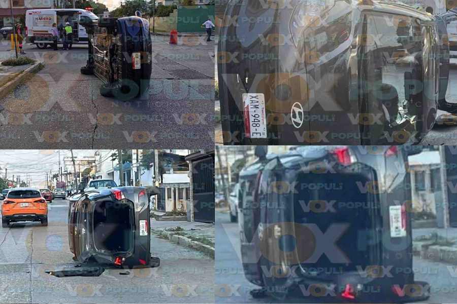 Vuelca automóvil tras chocar con otro vehículo en Ciudad Madero, Tamaulipas