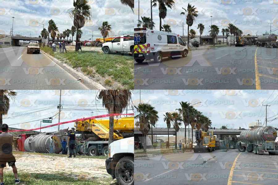 Vuelca pipa en “el caracol” y paraliza el Periférico en Reynosa, Tamaulipas