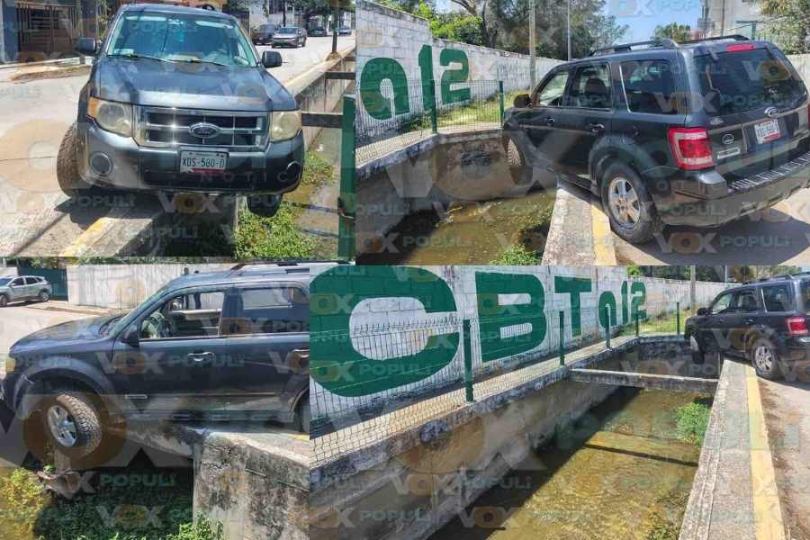 Camioneta queda al borde de canal frente al CBTA 12 en Tampico, Tamaulipas