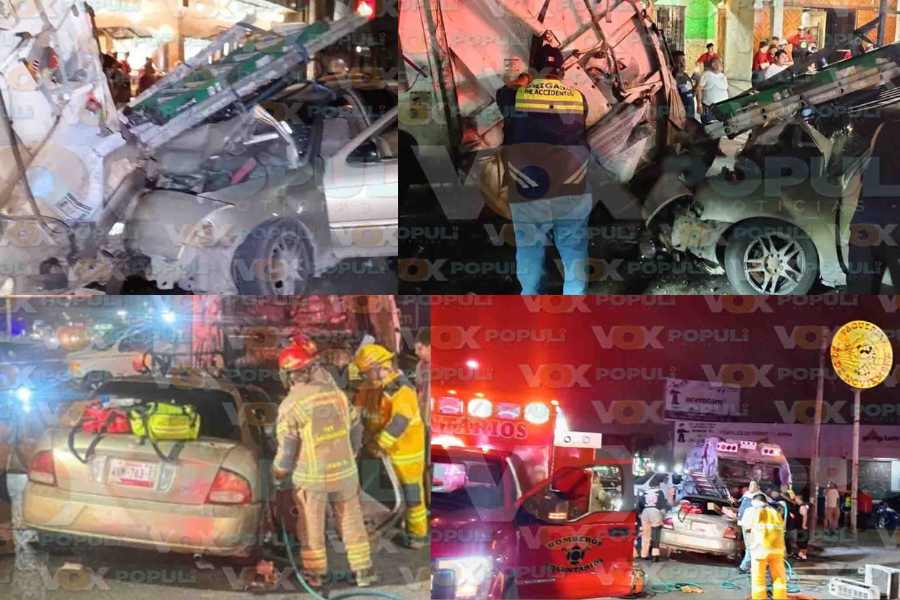 Dos hombres quedan prensados tras chocar contra camión recolector de basura en Tampico, Tamaulipas
