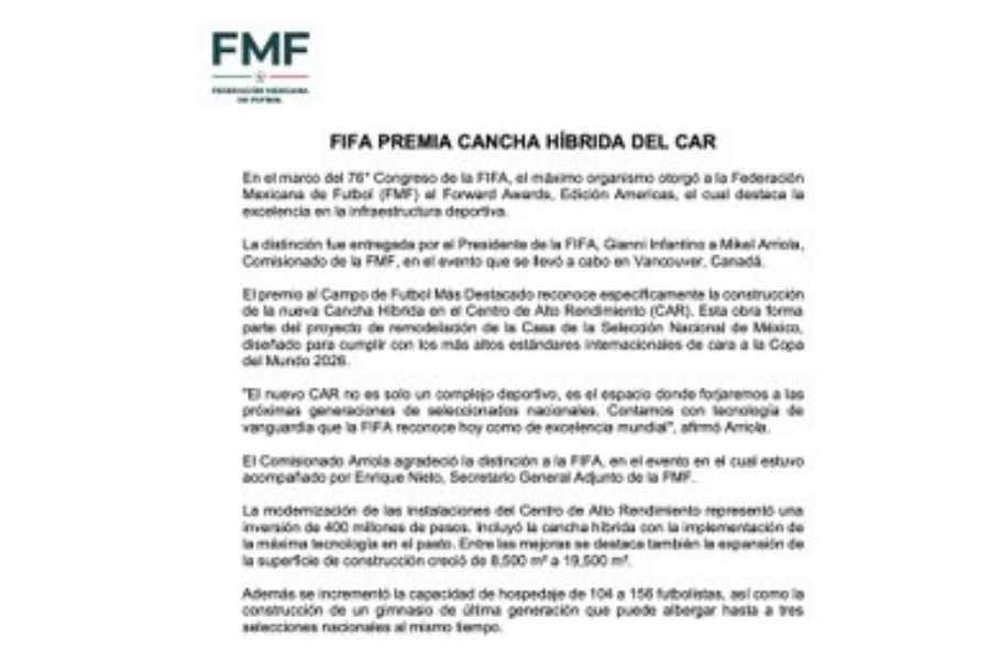 FMF recibe premio de FIFA por la nueva cancha híbrida del CAR