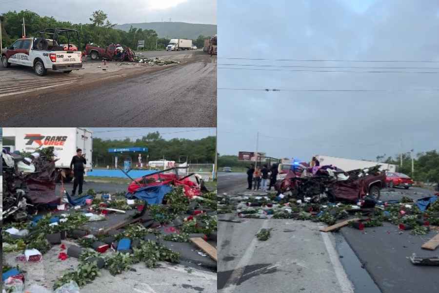 Fatal choque frontal entre camioneta cargada de flores y tráiler deja dos lesionados en la carretera Victoria-Monterrey