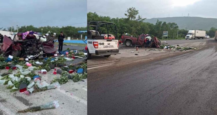 Fatal choque frontal entre camioneta cargada de flores y tráiler deja dos lesionados en la carretera Victoria-Monterrey