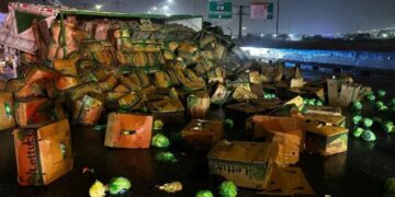 Tráiler cargado con lechugas sufre volcadura y bloquea carriles en Santa Catarina, NL