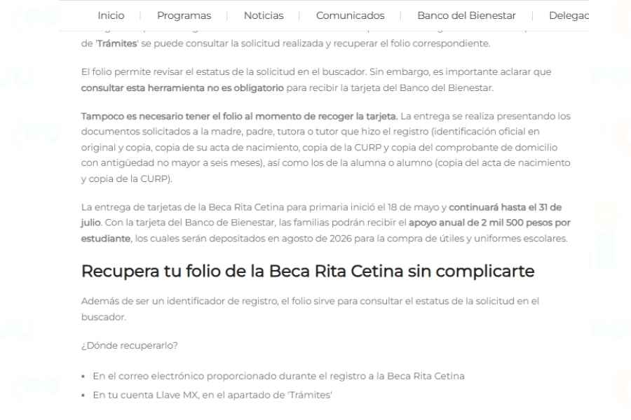 ¿Cómo recuperar el folio que te asignaron durante el registro a la Beca Rita Cetina 2026 para primaria?