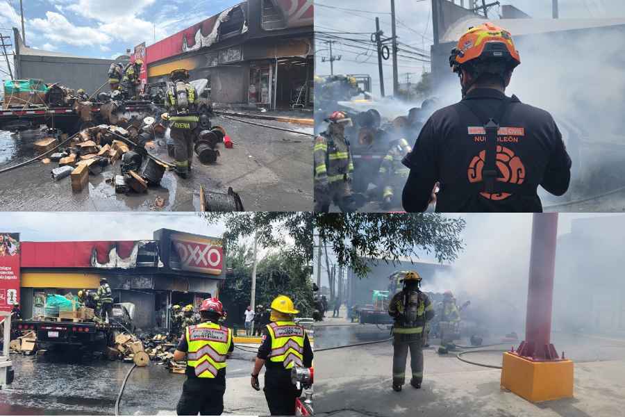 Camión de carga se incendia y afecta un Oxxo en Monterrey, Nuevo León 