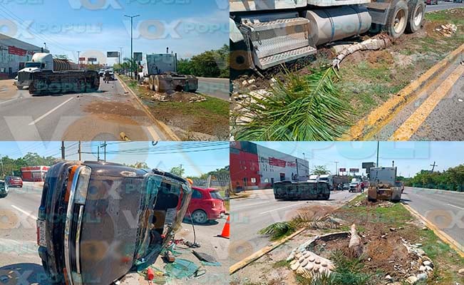 Camioneta colisiona contra tráiler y termina volcada en la Avenida de la Industria en Altamira, Tamaulipas