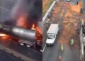 Caos vial en autopista Chamapa-Lechería en el Estado de México tras choque múltiple e incendio de pipa