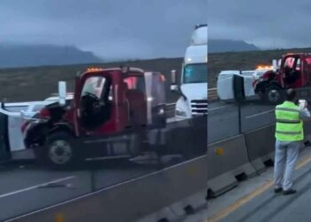 Colisión entre tractocamión y camioneta complica circulación en la autopista Monterrey-Saltillo