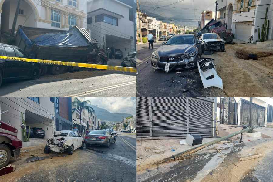 Conductor de tractocamión se queda sin frenos y causa choque múltiple en Monterrey, NL