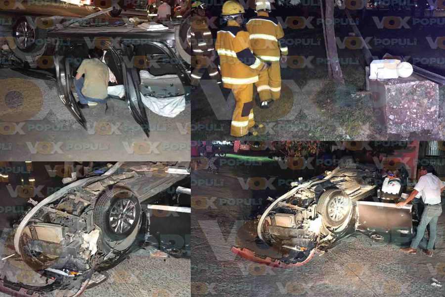 Conductora vuelca tras chocar contra luminaria en Ciudad Victoria, Tamaulipas