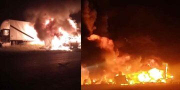 Fuerte choque e incendio de tráileres deja un muerto en la carretera a Nuevo Laredo en Anáhuac, NL