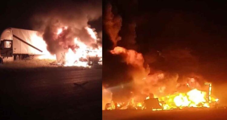 Fuerte choque e incendio de tráileres deja un muerto en la carretera a Nuevo Laredo en Anáhuac, NL