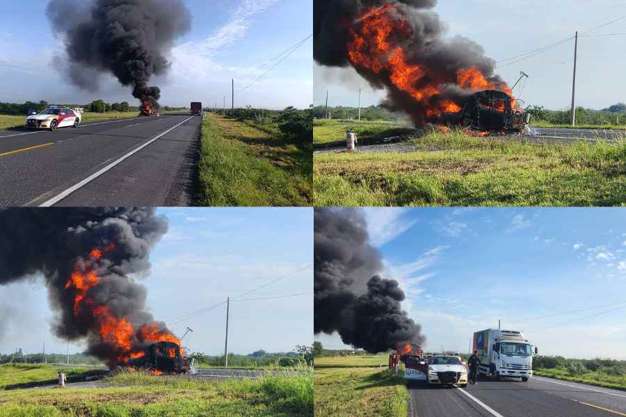 Fuerte incendio consume tractocamión en la carretera Victoria-Zaragoza