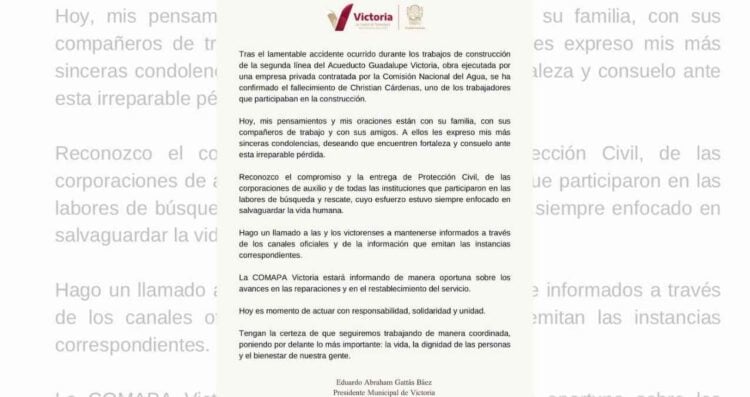 Gattás Báez lamenta fallecimiento de trabajador en acueducto de Cd. Victoria, Tamaulipas