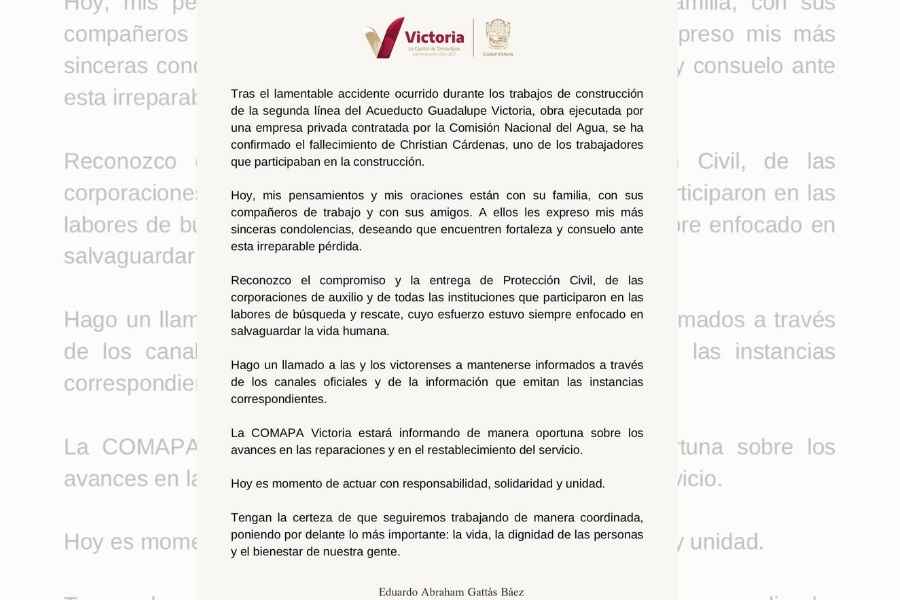 Gattás Báez lamenta fallecimiento de trabajador en acueducto de Cd. Victoria, Tamaulipas