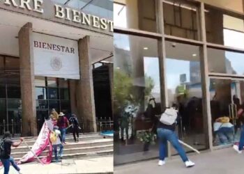 Presuntos integrantes de la CNTE rompen vidrios de la Torre del Bienestar en Paseo de la Reforma