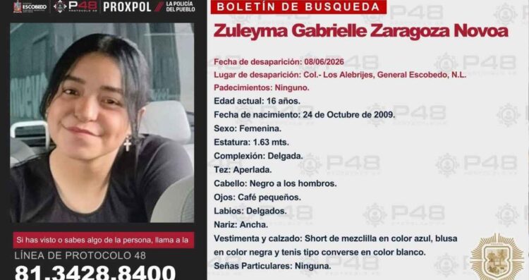 Reportan desaparición de jovencita en colonia Mirasur de Escobedo, NL