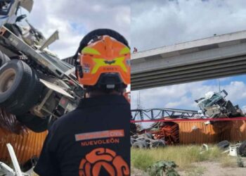Tráiler cae desde un puente elevado en Carretera a Colombia en Salinas Victoria, NL