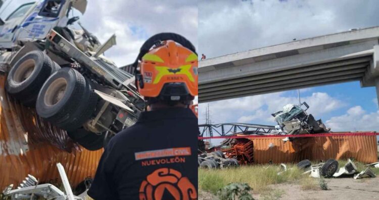 Tráiler cae desde un puente elevado en Carretera a Colombia en Salinas Victoria, NL