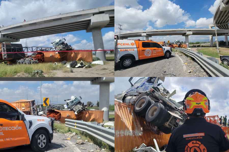 Tráiler cae desde un puente elevado en Carretera a Colombia en Salinas Victoria, NL