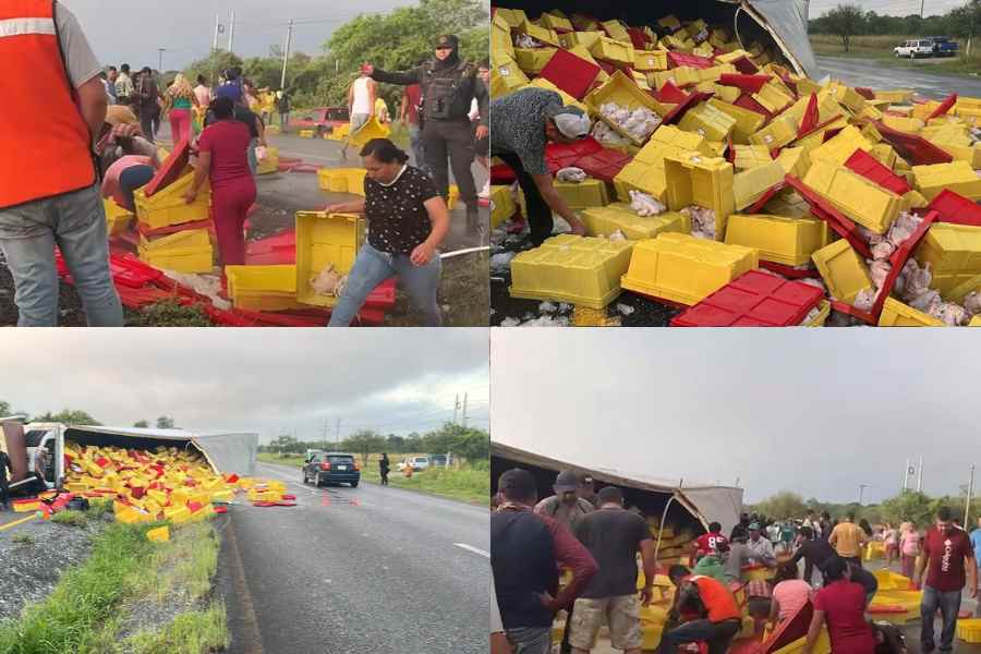 Tráiler con pollo vuelca y provoca rapiña en Carretera Nacional en Montemorelos, NL