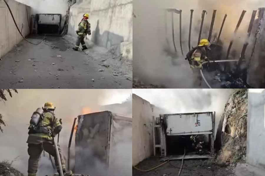 Tráiler termina incendiándose tras volcar en la Carretera Nacional en Santiago, NL