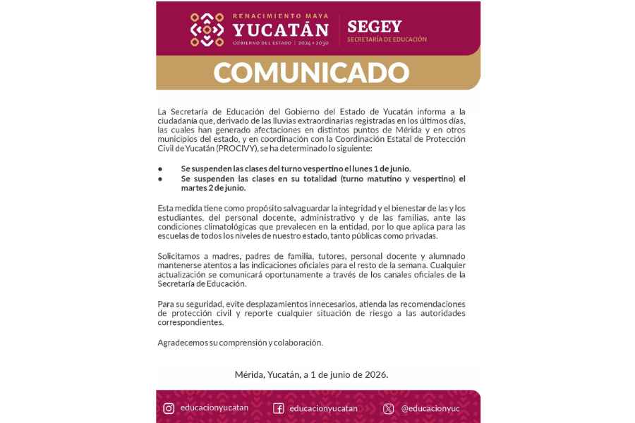 ¿En qué estado suspenderán las clases MAÑANA martes 2 de junio debido a las fuertes lluvias?