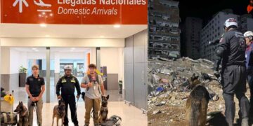 Binomios caninos del Grupo Jaguares regresan a Nuevo León tras labores de búsqueda y rescate en Venezuela