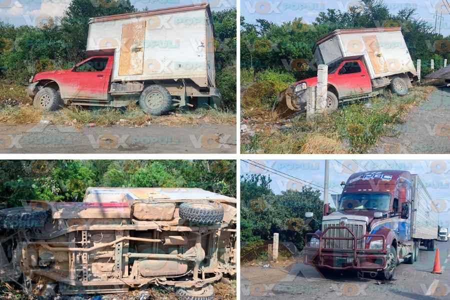 Conductor vuelca tras chocar contra tractocamión en carretera Victoria a Zaragoza, Tamaulipas