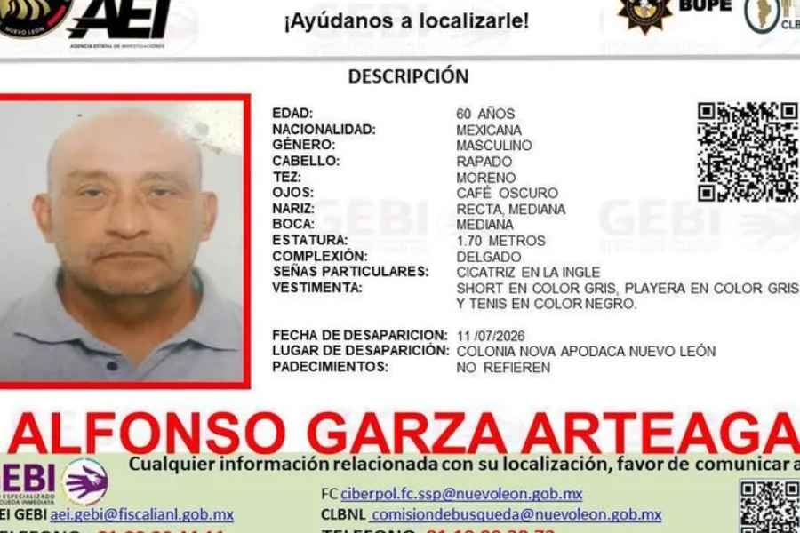 Emiten ficha de búsqueda por adulto mayor desaparecido en Apodaca, Nuevo León