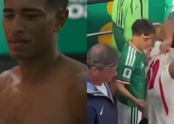 Gilberto Mora y Jude Bellingham intercambian playeras al terminar el partido 
