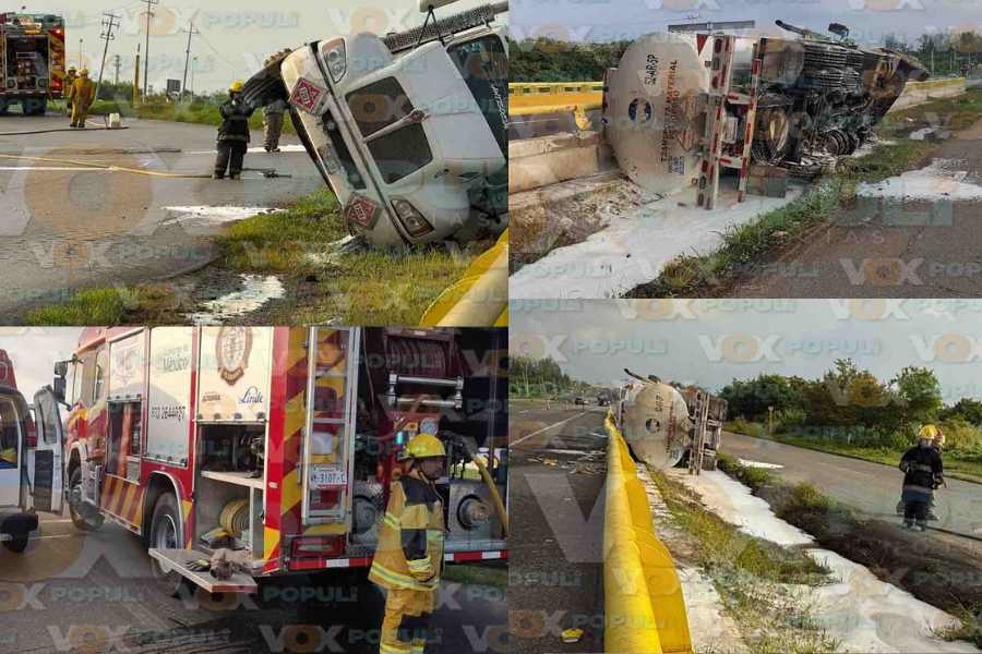 Pipa de gasolina vuelca y el operador resulta ileso en Altamira, Tamaulipas