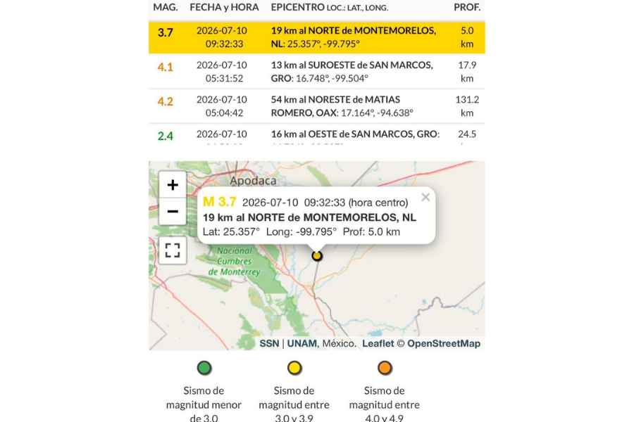 Reportan sismo de magnitud 3.7 en Montemorelos, Nuevo León