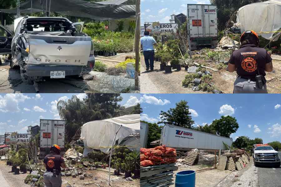 Tráiler termina dentro de un vivero tras chocar contra camioneta en Santiago, Nuevo León