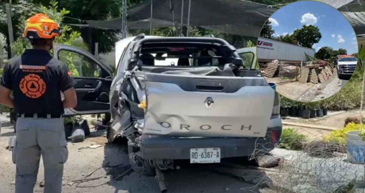 Tráiler termina dentro de un vivero tras chocar contra camioneta en Santiago, Nuevo León