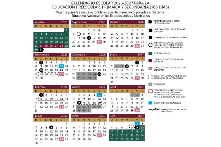 ¿Cuáles son las fechas de TODOS los descansos que tendrán los estudiantes en el ciclo escolar 2026-2027?