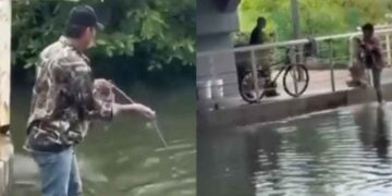 Hombre es captado pescando en zona de cocodrilos en Tampico, Tamaulipas