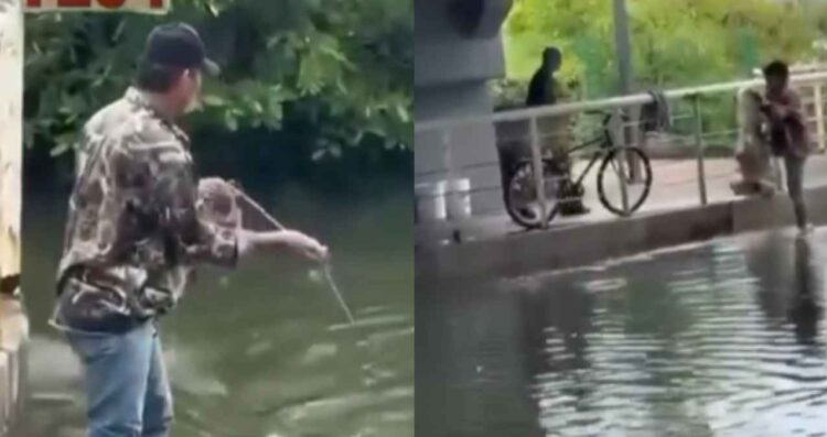 Hombre es captado pescando en zona de cocodrilos en Tampico, Tamaulipas
