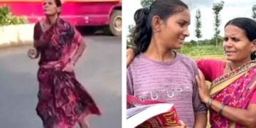 Madre corre descalza en un maratón